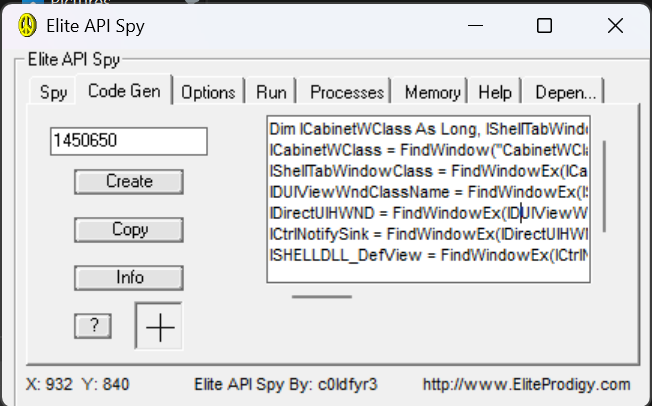 Elite API Spy code generator showing generated Visual Basic window-finding code