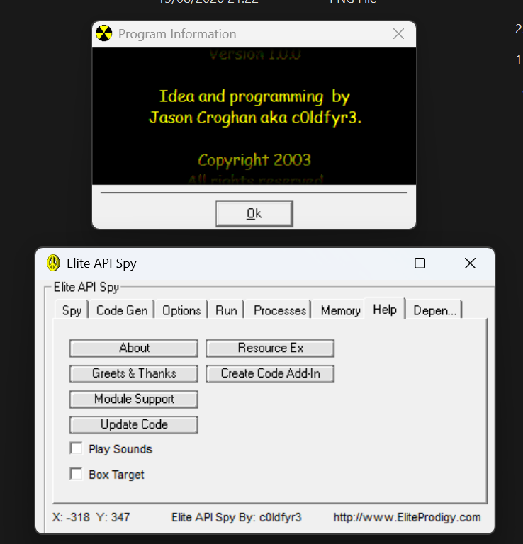 Elite API Spy Help pane and version 1.0.0 About dialog