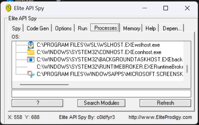 Elite API Spy Processes pane listing applications and module-search controls