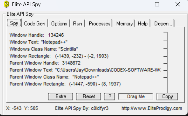 Elite API Spy target inspector showing window handles, classes, geometry and parent chain