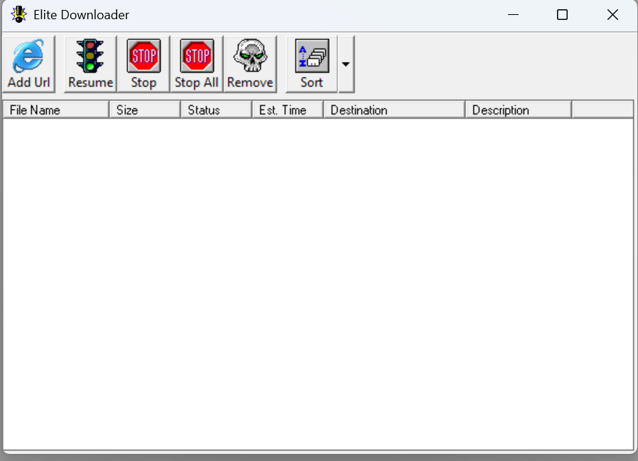 Elite Downloader interface showing queued downloads, status, destination and progress controls
