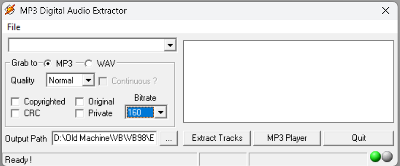 Elite Ripper interface with CD track selection, MP3 and WAV extraction, bitrate, destination and player controls