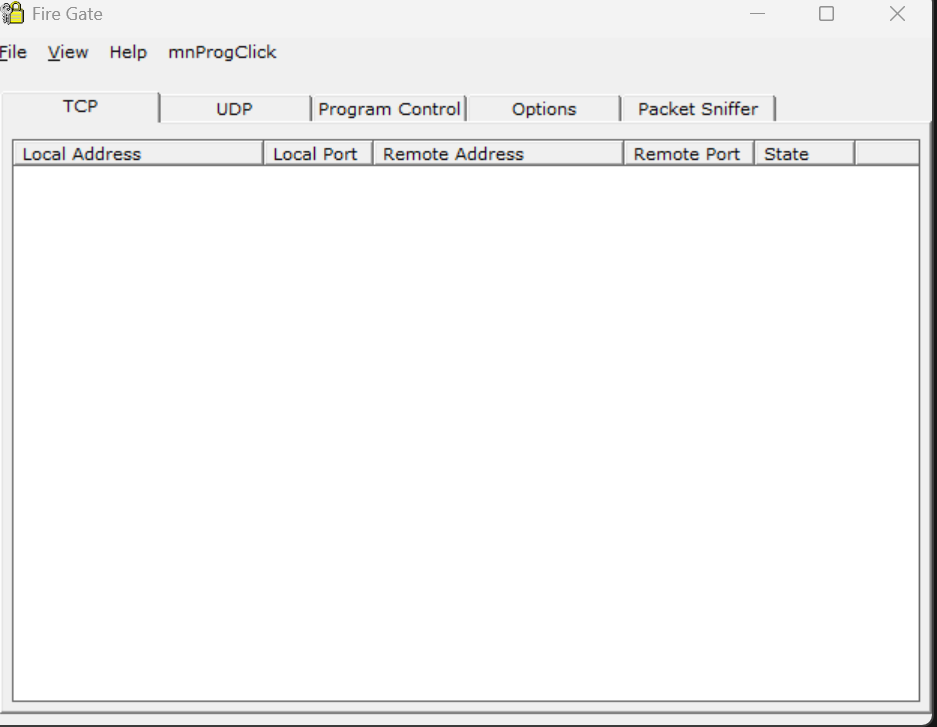 Fire Gate interface showing connection tables, owning programs and application rules