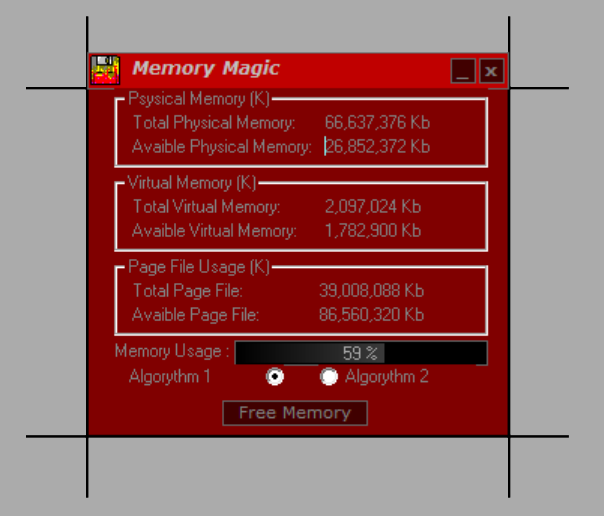 Free Mem interface showing physical, virtual and page-file memory statistics and two algorithms