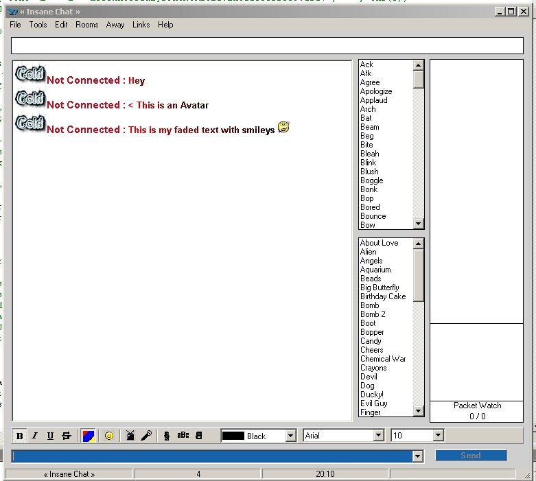 Insane Chat interface showing a Yahoo-style room, formatted transcript, smileys and controls