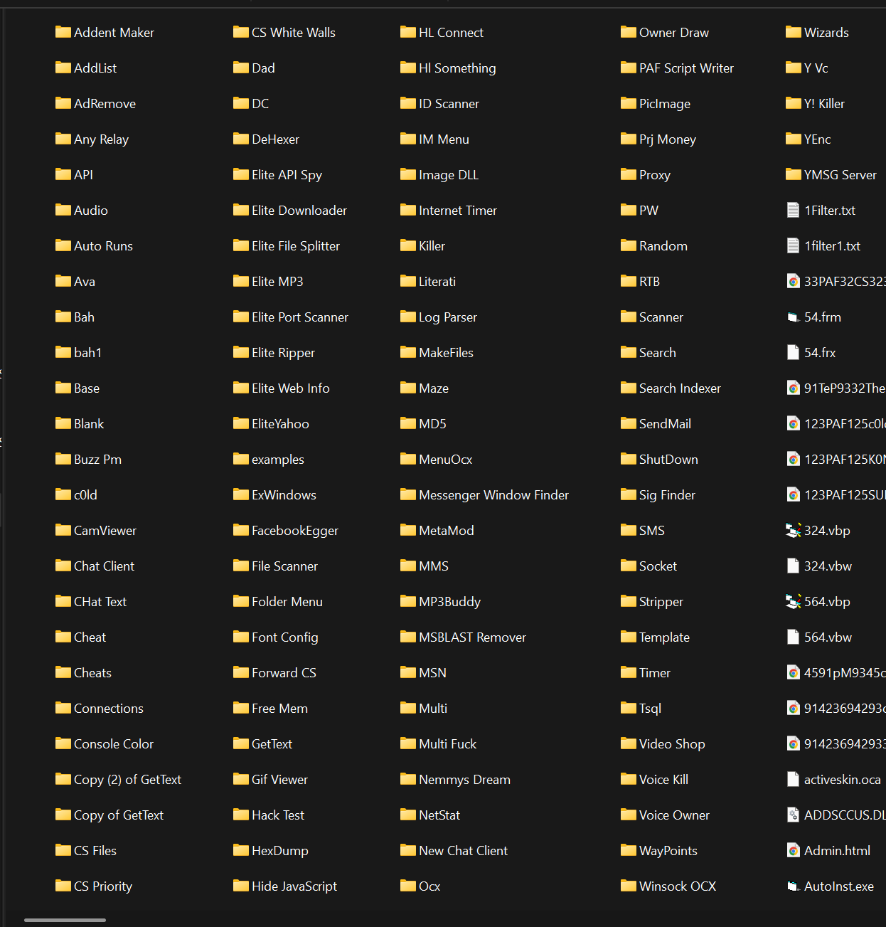 A preserved Windows Explorer view of the Elite Prodigy historical source folders