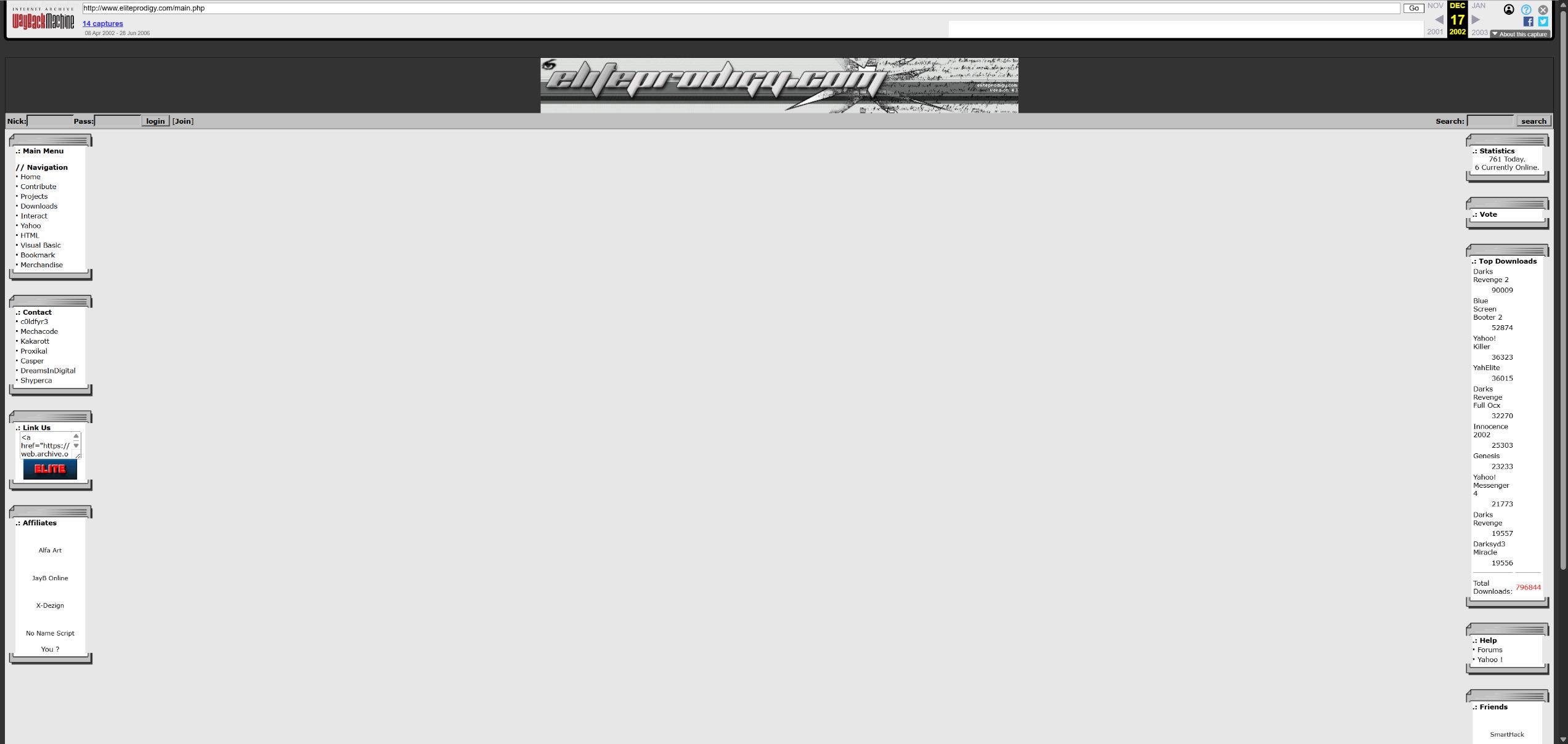 Archived Elite Prodigy silver website layout with navigation columns and a central news area