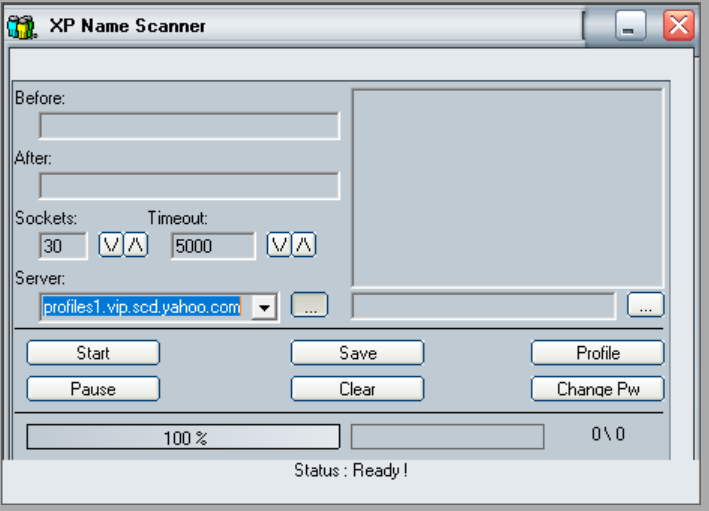 XP Name Scanner interface with candidate fields, socket and timeout settings, profile controls and historical endpoint
