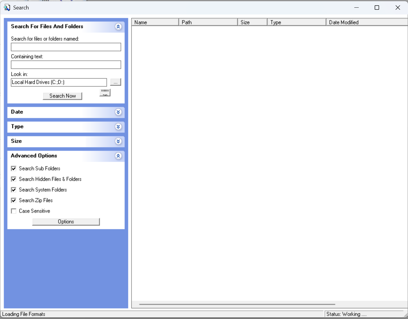 XP Search interface with name, content, location, date, type, size and ZIP search controls